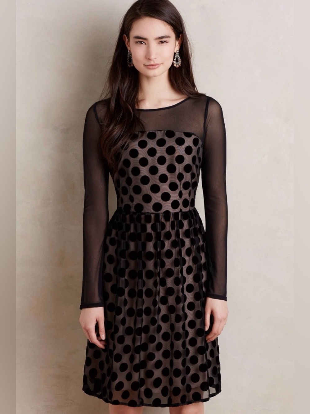 Sunday in Brooklyn Black Polka Dot Velvet & Sheer Long Sleeve Dress